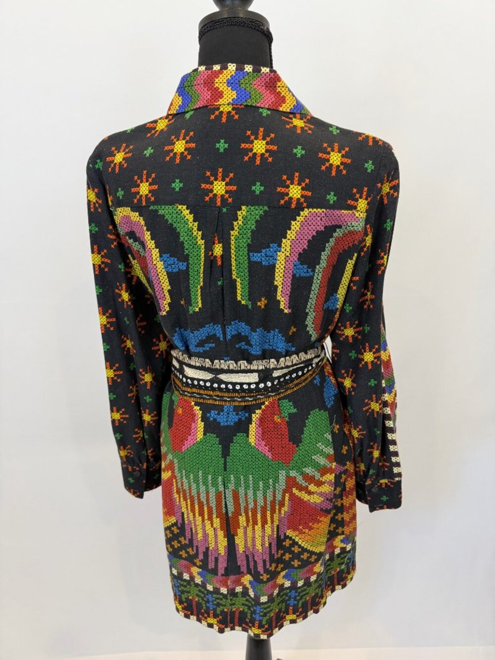 FARM Rio Black Cross Stitch Rainbow Sun Bird Linen Belted Shirt Dress M NWOT - Picture 3 of 7